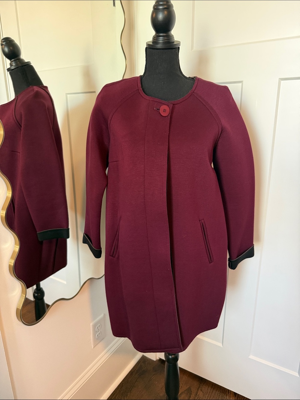 Women’s Bordeaux Single-Button Pea Coat with Black Trim